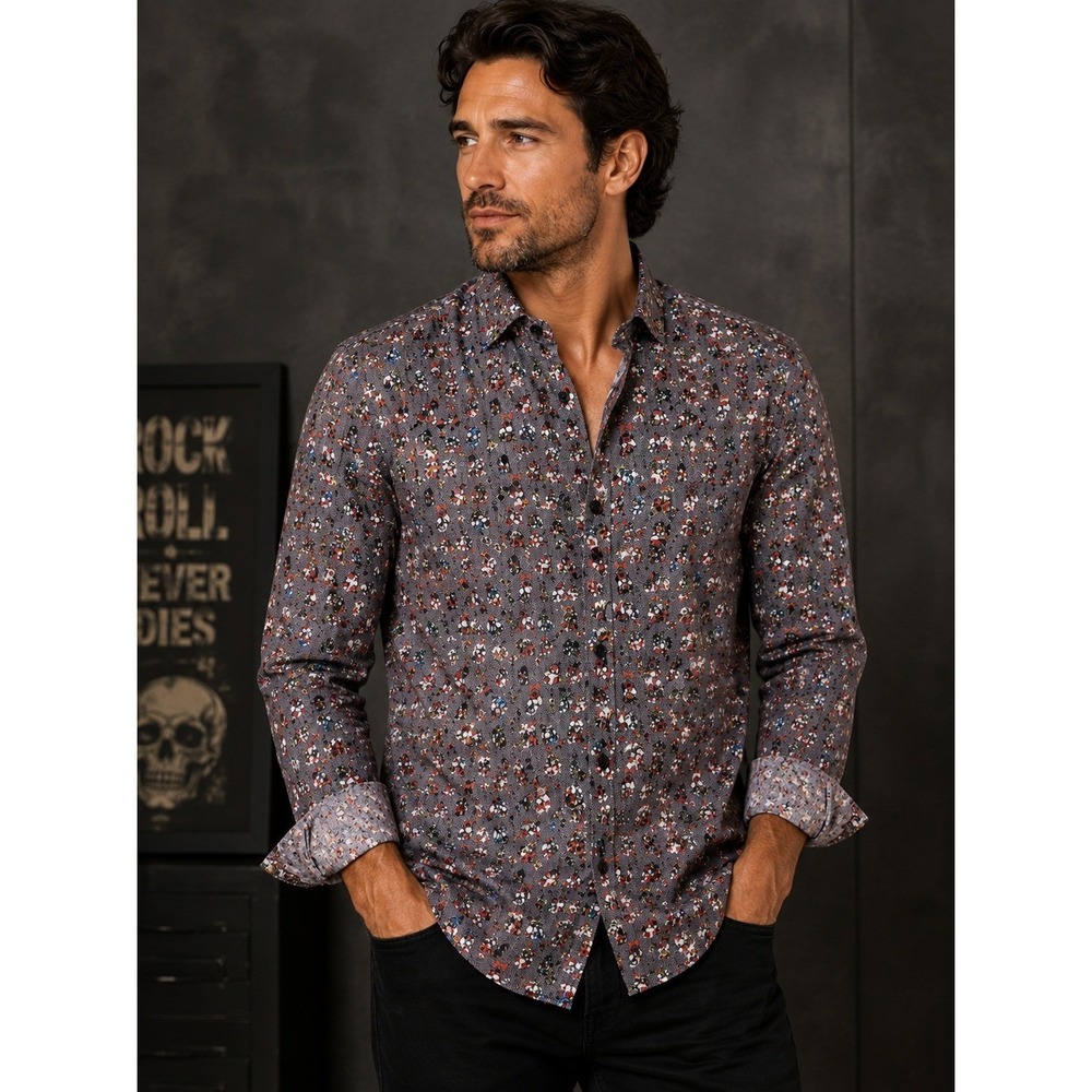 Jared Lang Skull Floral Shirt Mens XL Gray Novelty Print Button Up Goth
